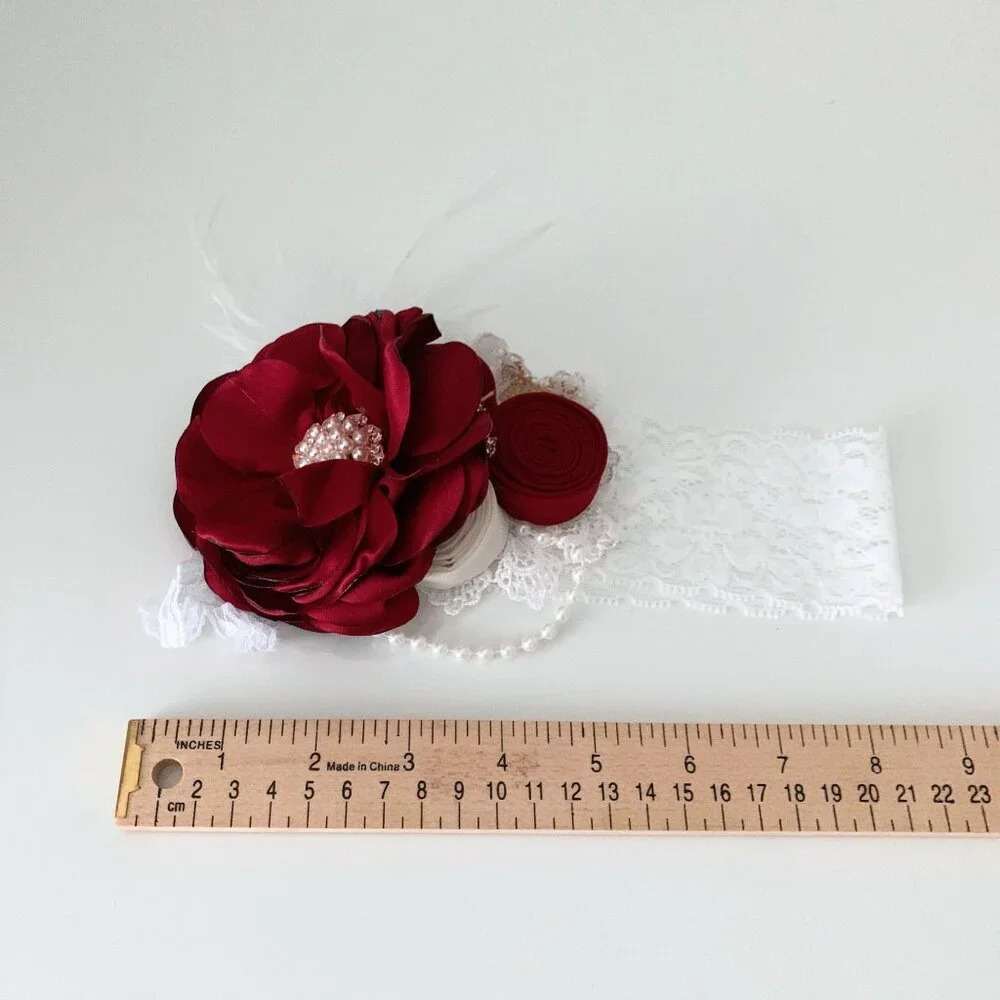 NWT Pretty Vintage Inspired Girls Headband Floral Beaded Lace Crimson Red OS - Picture 4 of 4